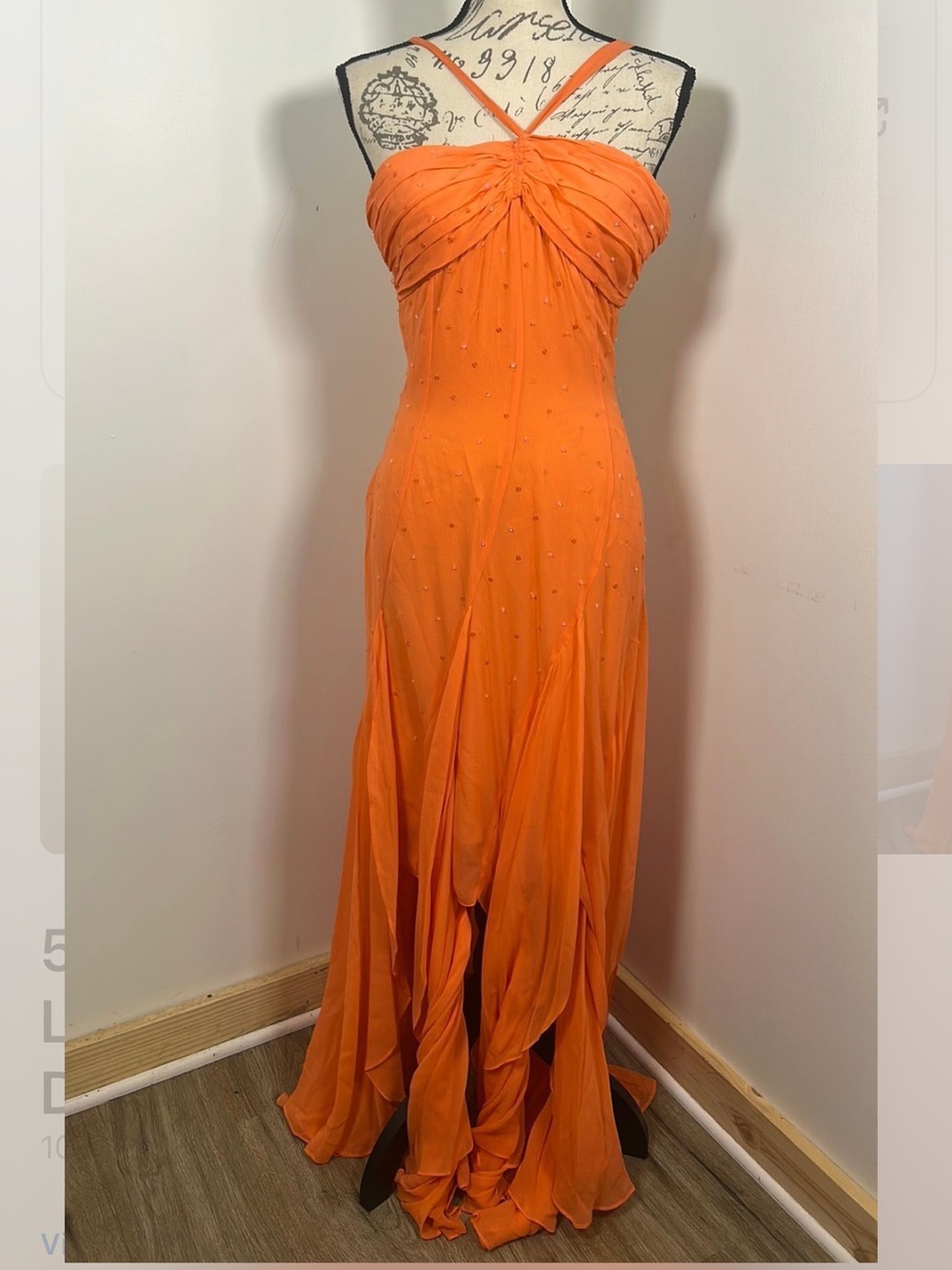Bcbgmaxazria 100% silk NWT size 10 Orange Beaded Spaghetti-Strap Evening Dress